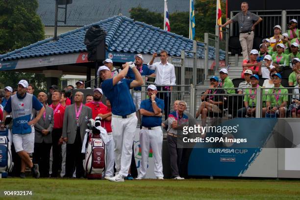 Alex Noren is seen taking a shot on the first game from hole one on the last day at EurAsia Cup 2018. EurAsia Cup is a biennial men professional team...