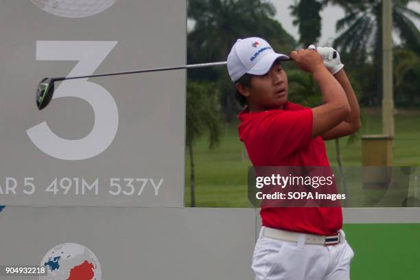 Poom Saksansin is seen taking a shot from hole 3 on the last day at EurAsia Cup 2018. EurAsia Cup is a biennial men professional team golf tournament...