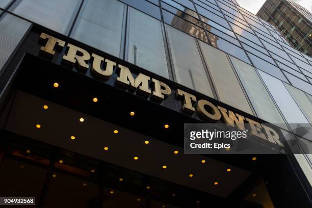 General view of the sign and exterior of Trump Tower entrance - the syscraper located on 5th Avenue midtown Manhattan New York, is 664 feet tall,...