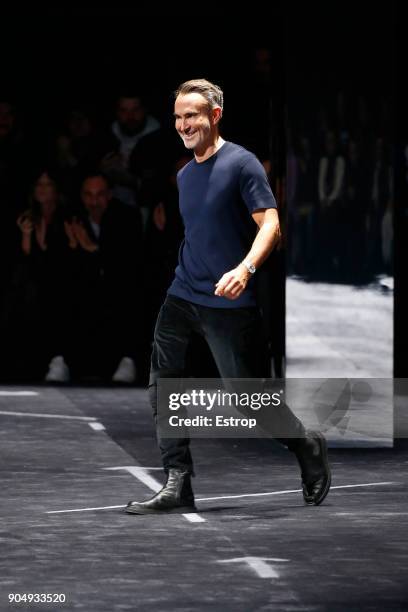 Model walks the runway at Neil Barrett show during Milan Men's Fashion Week Fall/Winter 2018/19 on January 13, 2018 in Milan, Italy.