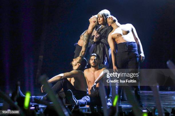 Irish singer Maite Kelly performs at the 'Schlagerchampions - Das grosse Fest der Besten' TV Show at Velodrom on January 13, 2018 in Berlin, Germany.