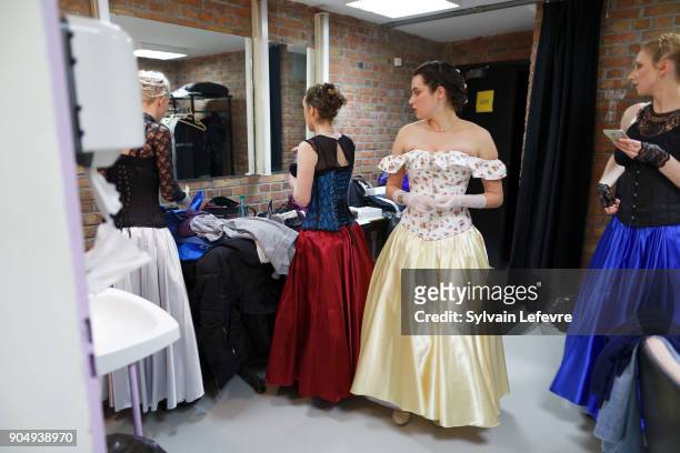 Dancers get ready behind the scenes before "Bal de l'Empereur" on January 14, 2018 in Villeneuve-d'Ascq, France.