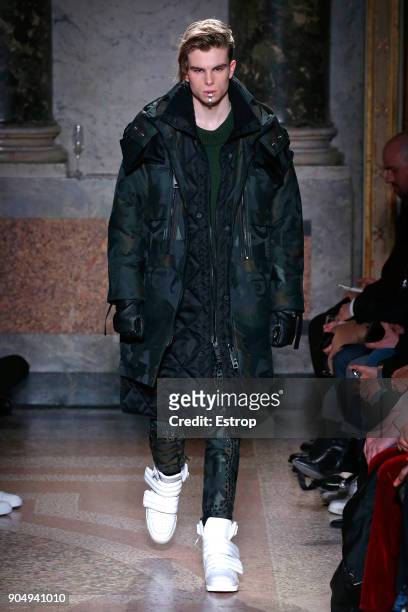 Model walks the runway at the Les Hommes show during Milan Men's Fashion Week Fall/Winter 2018/19 on January 13, 2018 in Milan, Italy.