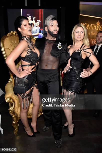 Micaela Schaefer, Harald Gloeoeckler and Yvonne Woelke attend the Pompoeoes Welcome Party 2018 on January 14, 2018 in Berlin, Germany.