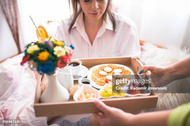 tasty and healthy breakfast on a tray in bed - serving size stock pictures, royalty-free photos & images
