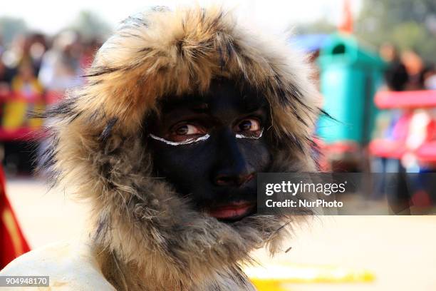 An Indian dressup artist of ' Monkey'during the Kite Festival on the occasion of Makar Sakranti at Jal Mahal of Jaipur, Rajasthan,India on 14 January...