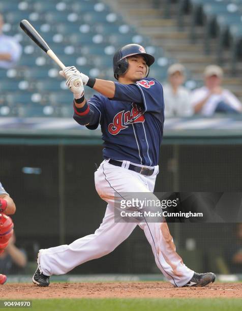 Shin-Soo Choo of the Cleveland Indians bats against the Texas Rangers during the game at Progressive Field on September 8, 2009 in Cleveland, Ohio....