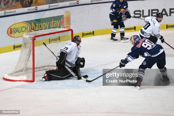 Andreas Jenike of Nuernberg Ice Tigers during 42th Gameday of German Ice Hockey League between Red Bull Munich and Nuernberg Ice Tigers at...