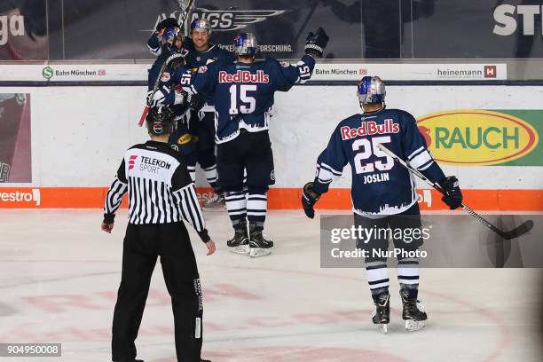 Rejoicing of Munich during 42th Gameday of German Ice Hockey League between Red Bull Munich and Nuernberg Ice Tigers at Olympia-Eissportzentrum...