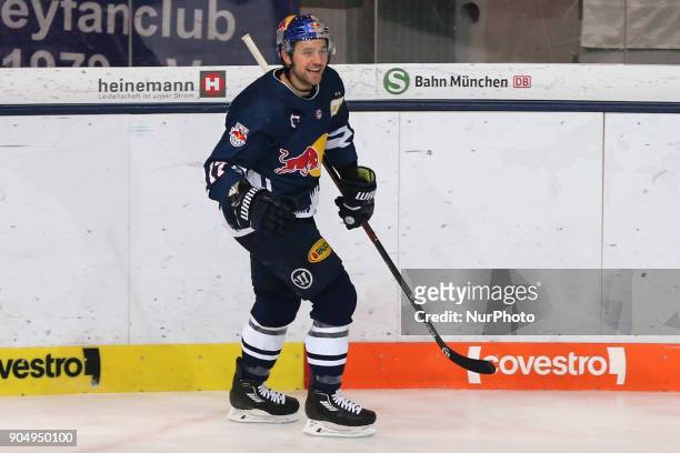 Rejoicing of Brooks Macekduring 42th Gameday of German Ice Hockey League between Red Bull Munich and Nuernberg Ice Tigers at Olympia-Eissportzentrum...