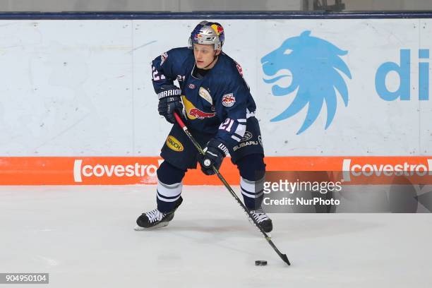 Dominik Kahun of Red Bull Munich during 42th Gameday of German Ice Hockey League between Red Bull Munich and Nuernberg Ice Tigers at...