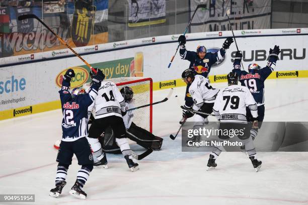 Jon Matsumoto of Red Bull Munich scores during 42th Gameday of German Ice Hockey League between Red Bull Munich and Nuernberg Ice Tigers at...