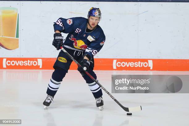 Patrick Hager of Red Bull Munich during 42th Gameday of German Ice Hockey League between Red Bull Munich and Nuernberg Ice Tigers at...