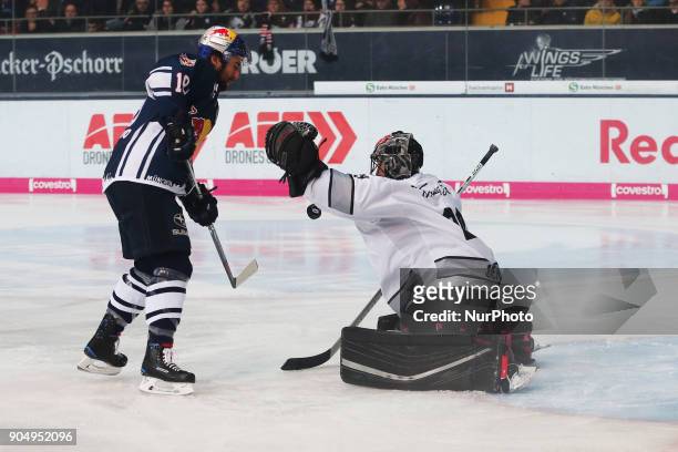 Andreas Jenike of Nuernberg Ice Tigers during 42th Gameday of German Ice Hockey League between Red Bull Munich and Nuernberg Ice Tigers at...