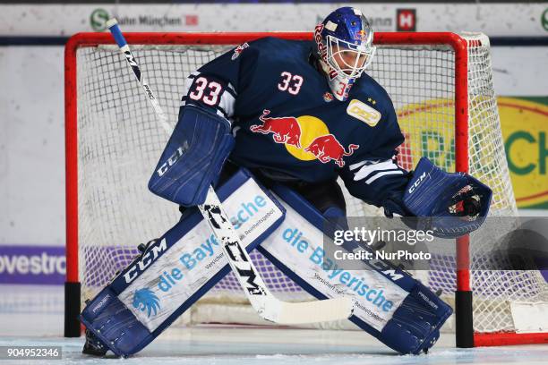 Danny aus den Birken of Red Bull Munich before the 42th Gameday of German Ice Hockey League between Red Bull Munich and Nuernberg Ice Tigers at...