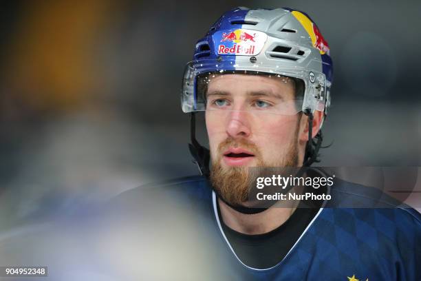 Maximilian Kastner of Red Bull Munich before the 42th Gameday of German Ice Hockey League between Red Bull Munich and Nuernberg Ice Tigers at...