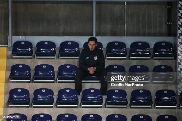 Ryan Button of Red Bull Munich before the 42th Gameday of German Ice Hockey League between Red Bull Munich and Nuernberg Ice Tigers at...