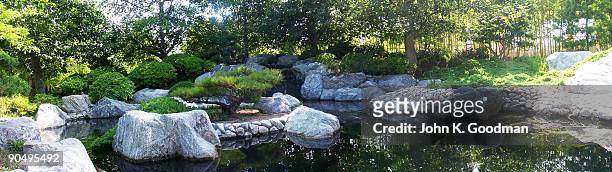 koi pond panorama - karesansui stock pictures, royalty-free photos & images