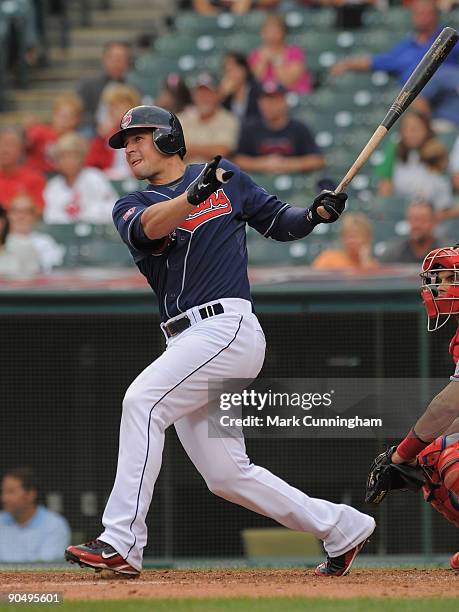 Matt LaPorta of the Cleveland Indians bats against the Texas Rangers during the game at Progressive Field on September 8, 2009 in Cleveland, Ohio....