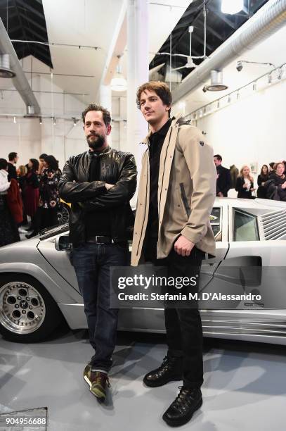 Lorenzo Lavia and Federico Costantini attend Collezione Automobili Lamborghini and the Super Suv Urus held at Tortona 32 as part of Milan Men's...