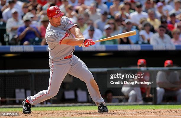 Third baseman Scott Rolen of the Cincinnati Reds takes an at bat against the Colorado Rockies at Coors Field on September 7, 2009 in Denver,...