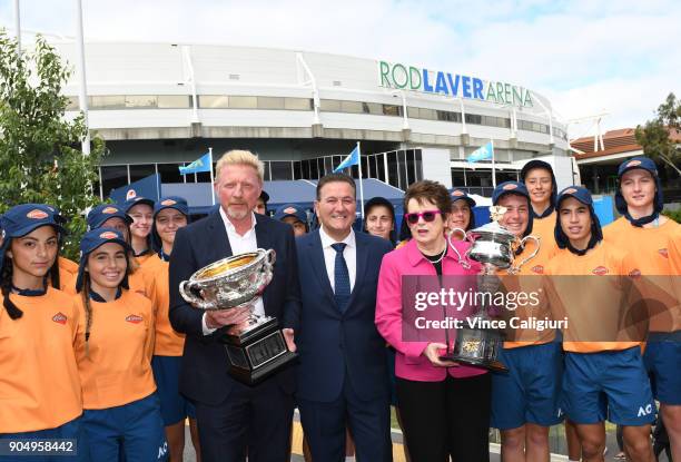 Former Australian Open Champions Boris Becker of Germany and Billie Jean King of the USA pose with MP John Eren and the Daphne Akhurst Memorial Cup...