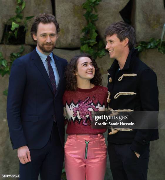 Tom Hiddleston, Maisie Williams and Eddie Redmayne attend the 'Early Man' World Premiere held at BFI IMAX on January 14, 2018 in London, England.