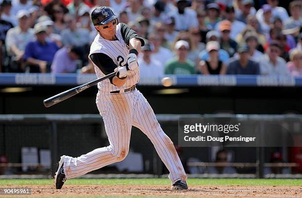 Troy Tulowitzki of the Colorado Rockies takes an at bat against the Cincinnati Reds at Coors Field on September 7, 2009 in Denver, Colorado. The...