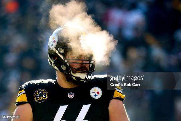 David DeCastro of the Pittsburgh Steelers looks on against the Jacksonville Jaguars during the first half of the AFC Divisional Playoff game at Heinz...