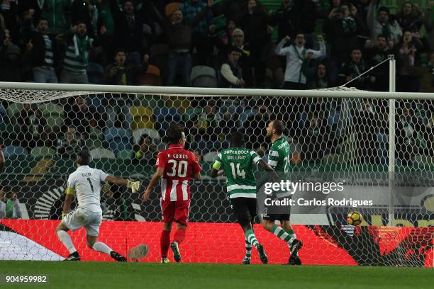 Sporting CP forward Bas Dost from Holland celebrates scoring Sporting second goal during the Portuguese Primeira Liga match between Sporting CP and...