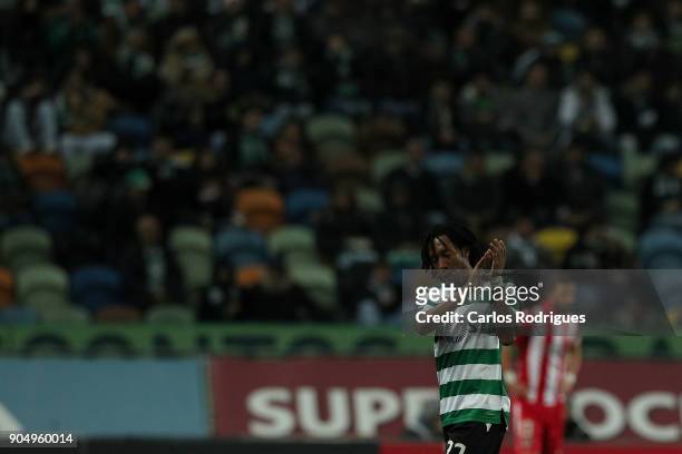 Sporting CP forward Gelson Martins from Portugal thanks the Sporting supporters during the Portuguese Primeira Liga match between Sporting CP and GD...