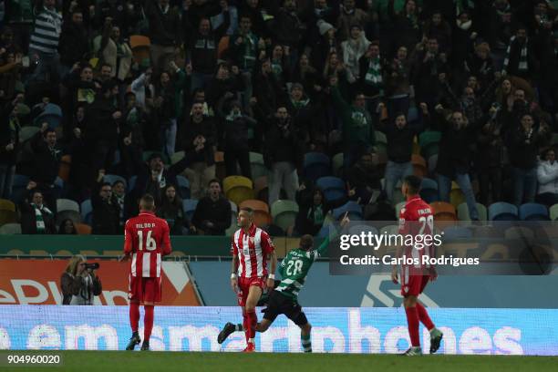 Sporting CP forward Bas Dost from Holland celebrates scoring Sporting third goal during the Portuguese Primeira Liga match between Sporting CP and GD...