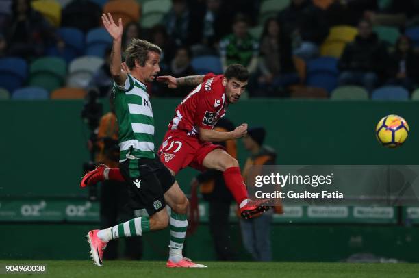 Aves forward Salvador Agra from Portugal with Sporting CP defender Fabio Coentrao from Portugal in action during the Primeira Liga match between...