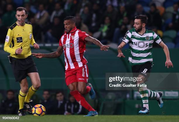 Aves forward Amilton Silva from Brazil with Sporting CP midfielder Bruno Fernandes from Portugal in action during the Primeira Liga match between...