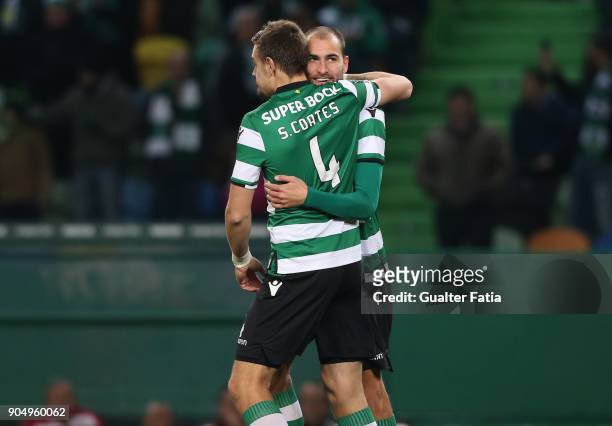 Sporting CP forward Bas Dost from Holland celebrates with teammate Sporting CP defender Sebastian Coates from Uruguay after scoring a goal during the...