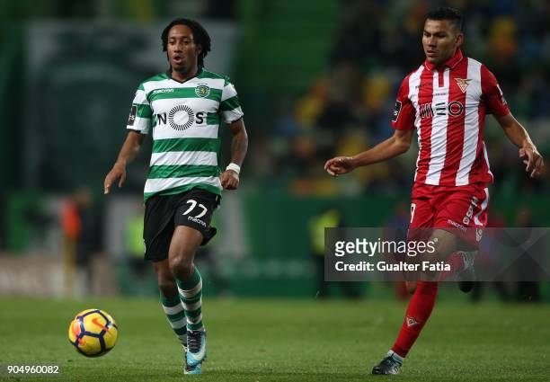 Sporting CP forward Gelson Martins from Portugal with CD Aves midfielder Claudio Falcao from Brazil in action during the Primeira Liga match between...