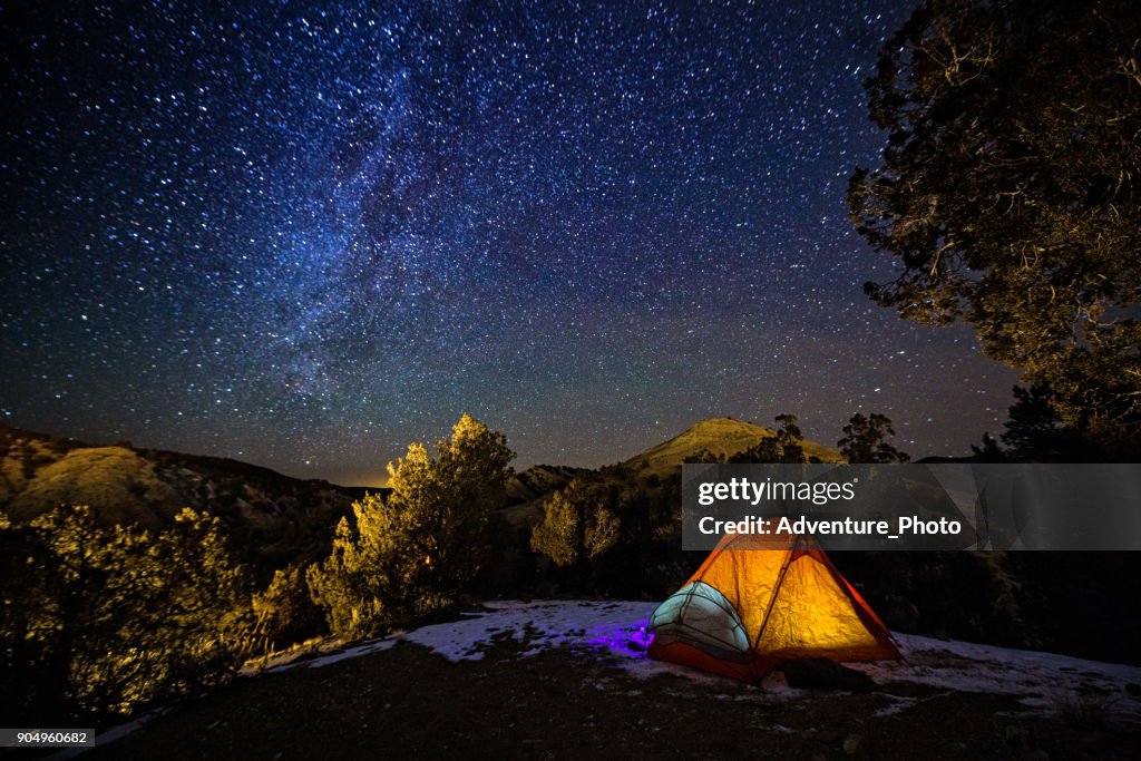 Camping in a Tent Under the Stars and Milky Way Galaxy