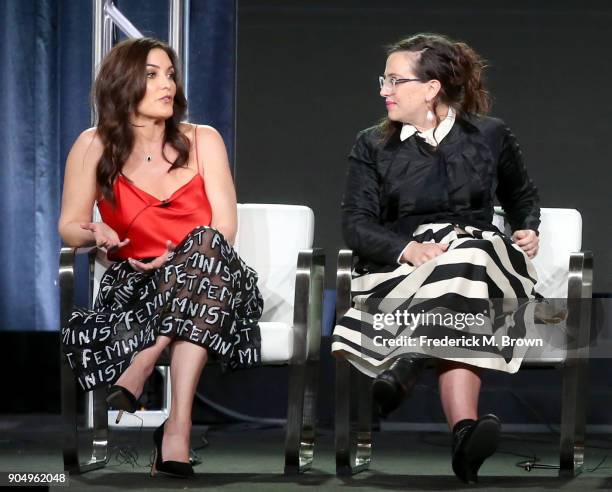 Showrunner of 'UnREAL' Stacy Rukeyser and co-creator of 'UnREAL' Sarah Gertrude Shapiro speak onstage for the 'Wonder Women: A Conversation with the...