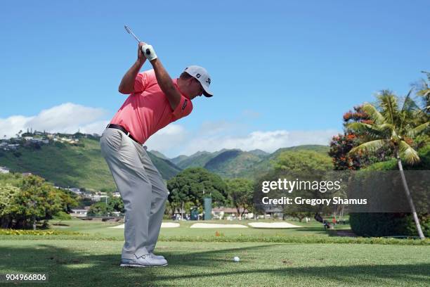 Tom Hoge of the United States plays his shot from the seventh tee during the final round of the Sony Open In Hawaii at Waialae Country Club on...