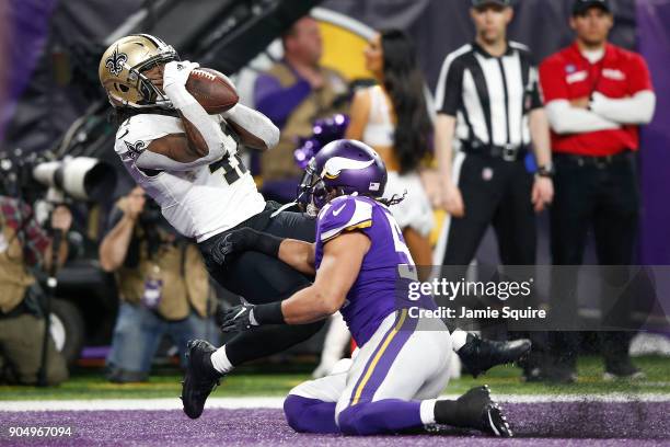 Anthony Harris of the Minnesota Vikings catches a touchdown pass over Eric Kendricks of the Minnesota Vikings during the second half of the NFC...