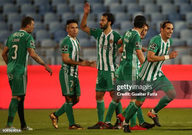 Rio Ave FC forward Helder Guedes from Portugal celebrates with teammates after scoring a goal during the Primeira Liga match between CF Os Belenenses...