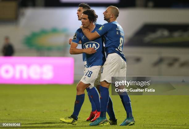 Os Belenenses midfielder Marko Bakic from Montenegro celebrates with teammates after scoring a goal during the Primeira Liga match between CF Os...