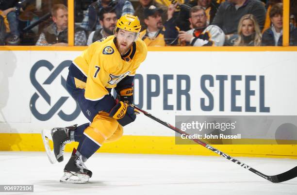 Yannick Weber of the Nashville Predators skates against the Edmonton Oilers during an NHL game at Bridgestone Arena on January 9, 2018 in Nashville,...