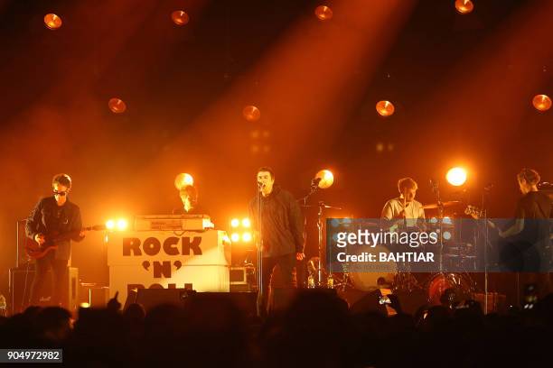 This picture taken on January 14, 2018 shows English singer, songwriter and formerly the lead singer of the rock band Oasis Liam Gallagher,...