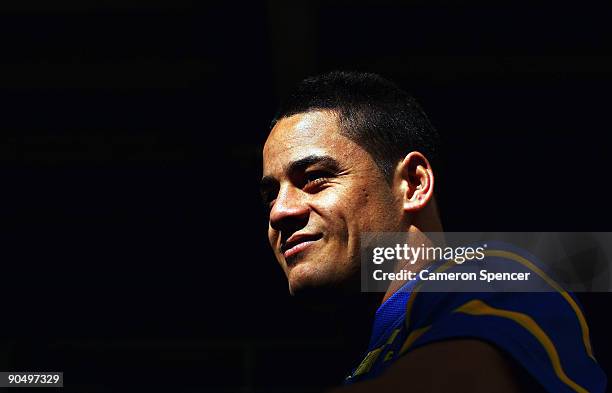 Jarryd Hayne of the Eels waits to be interviewed during a Parramatta Eels NRL training session at Parramatta Stadium on September 9, 2009 in Sydney,...