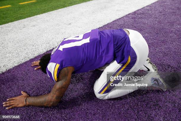 Stefon Diggs of the Minnesota Vikings celebrates after defeating the New Orleans Saints in the NFC Divisional Playoff game at U.S. Bank Stadium on...