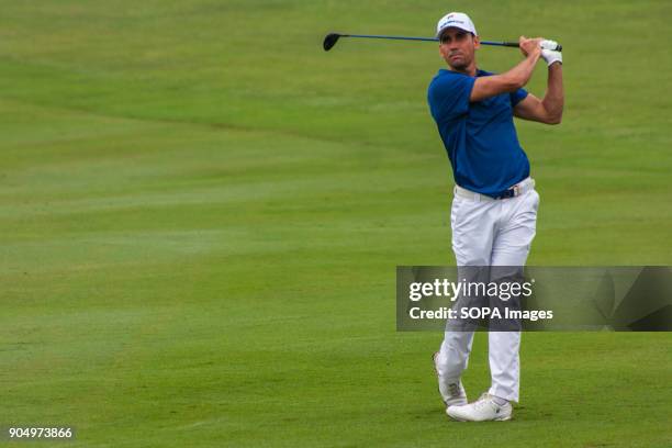 Rafa Cabrera Bello is seen taking a shot on the last day at EurAsia Cup 2018. EurAsia Cup is a biennial men professional team golf tournament between...