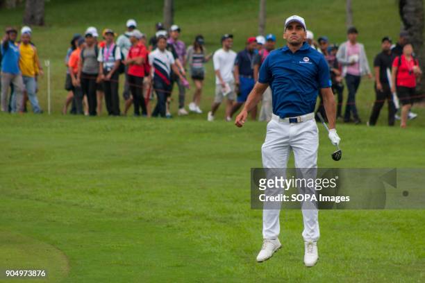 Rafa Cabrera Bello is seen having a warm up before taking a shot on the last day at EurAsia Cup 2018. EurAsia Cup is a biennial men professional team...