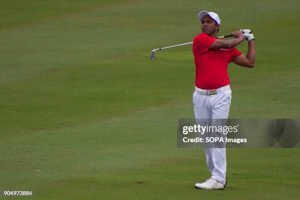 Chawrasia is seen taking a shot on the last day at EurAsia Cup 2018. EurAsia Cup is a biennial men professional team golf tournament between Europe...