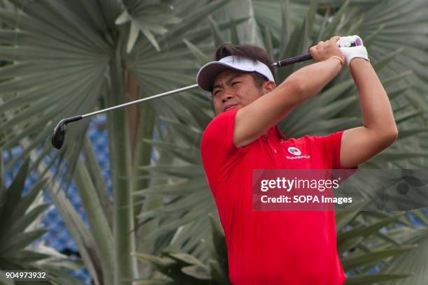 Yuta Ikeda is seen taking a shot on the last day at EurAsia Cup 2018. EurAsia Cup is a biennial men professional team golf tournament between Europe...